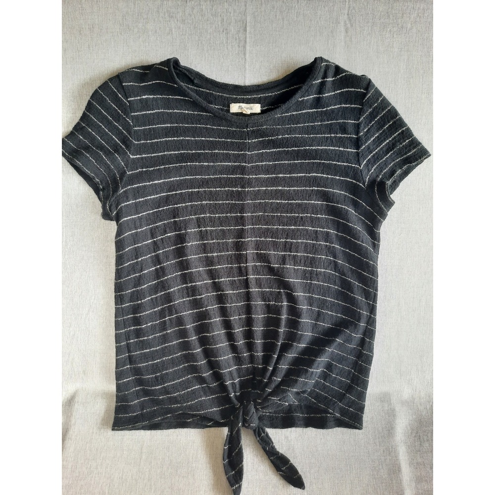 Madewell‎ Women's Small Black Pure Cotton Stripes Front-Tie Knot wrinkled Blouse